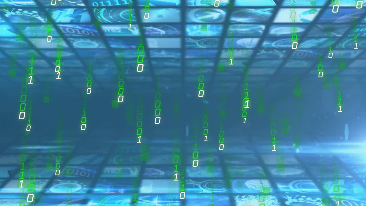 Binary code animation over financial data and currency symbols