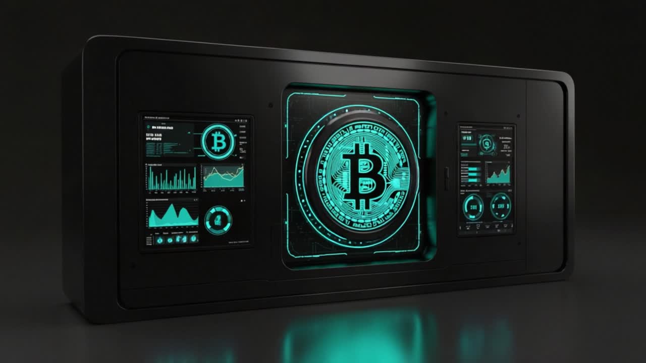 Futuristic Cryptocurrency Display Featuring a Central Bitcoin Symbol Surrounded by Data Visualizations on a Sleek Black Background