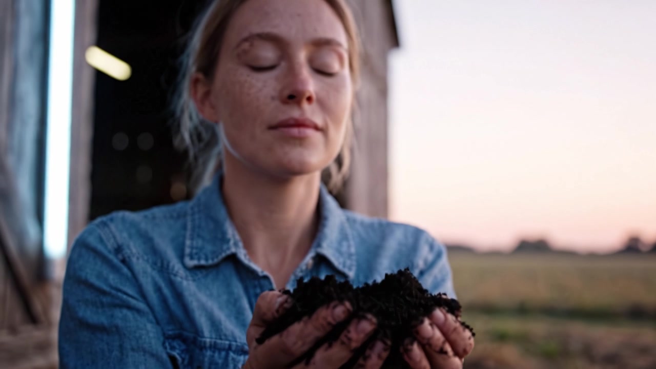 Connessione potenziata: una donna riflette sulla terra nelle sue mani al tramonto, abbracciando l'abbondanza della natura e l'essenza della crescita e della sostenibilità.