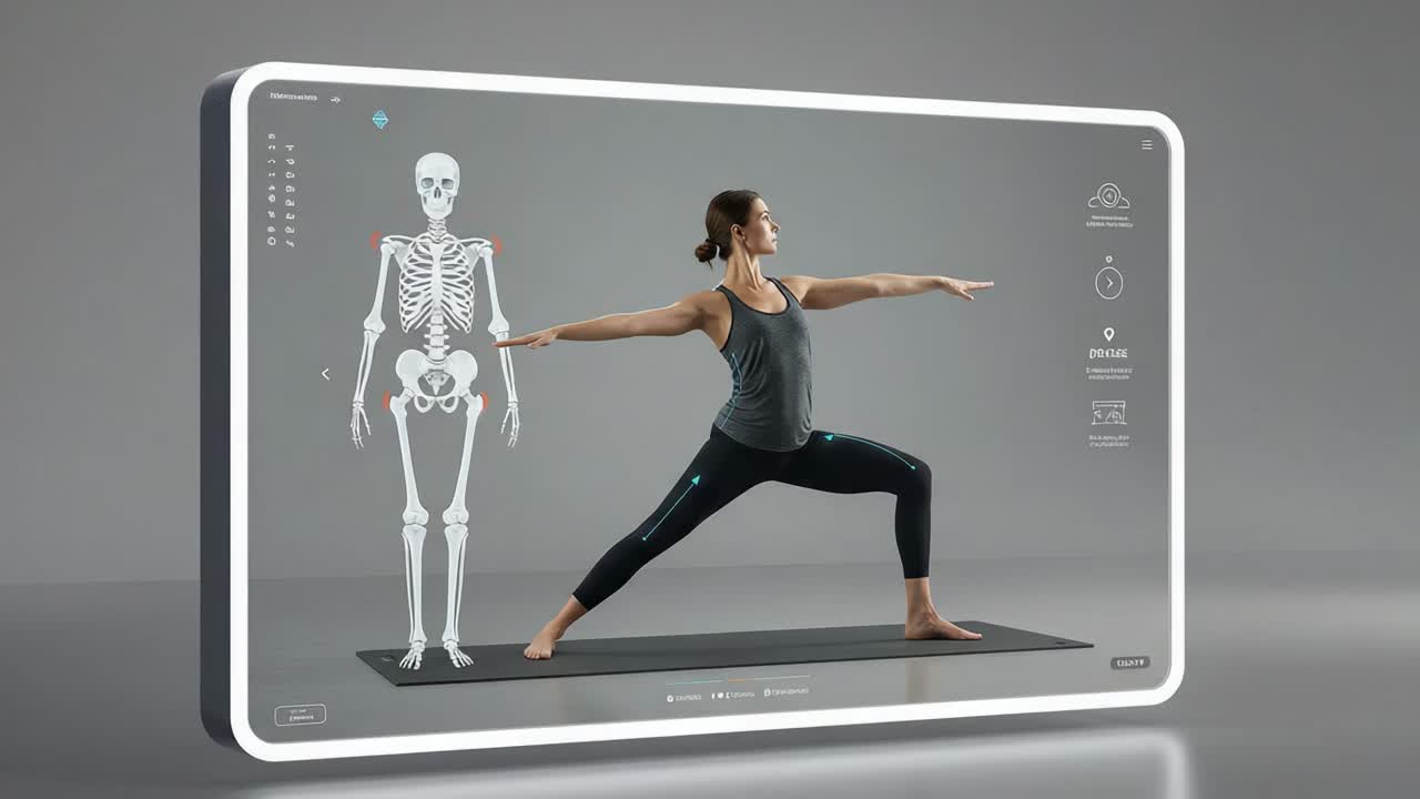 Exploring the Intersection of Fitness and Technology: A Yoga Practitioner Engages in a Pose While Interacting with a Dynamic Skeleton Display for Enhanced Understanding