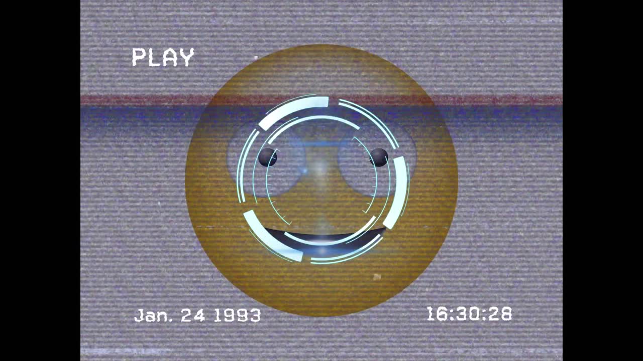 animación digital de efecto vhs y escáner redondo sobre emoji de cara tonta sobre fondo blanco