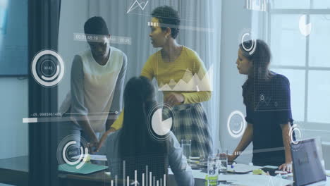 business data analytics animation over diverse team collaborating in office