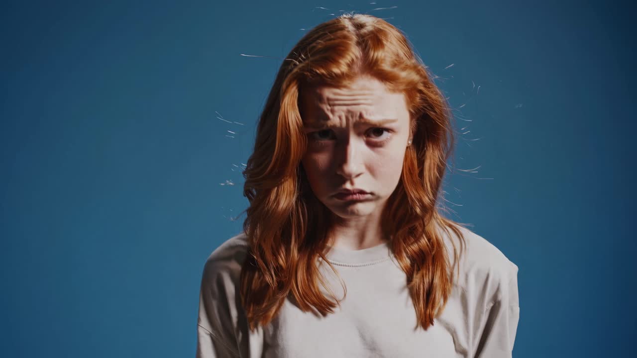 A close-up video shot of a person with red hair against a blue background, capturing an expressive