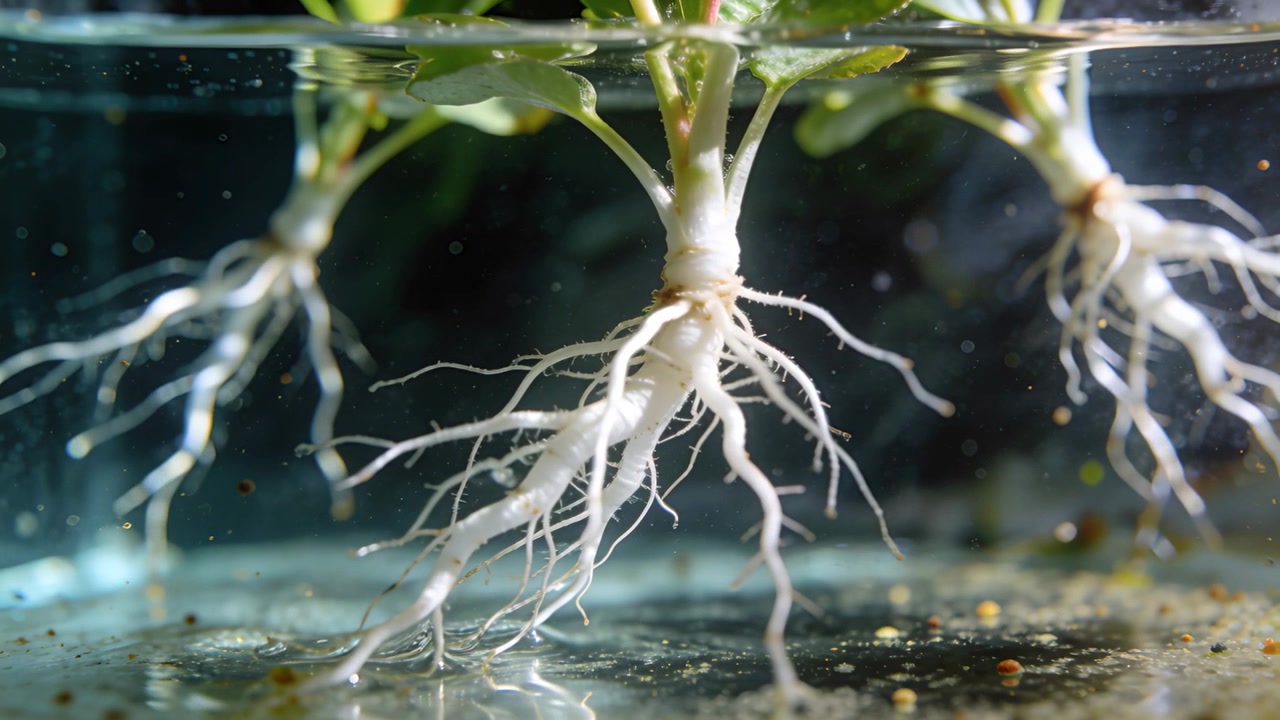 Showing plant cutting roots swaying from tiny water flow in glass vessel for rooting