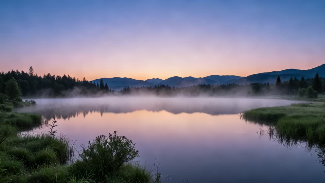 At dawn, a peaceful lake reflects the soft hues of sunrise, creating a serene atmosphere. Wisps of mist rise from the water's surface, adding a dreamlike quality to the landscape. Surrounding the lake, verdant grass and trees frame the scene, while distant mountains rise majestically in the backgrou
