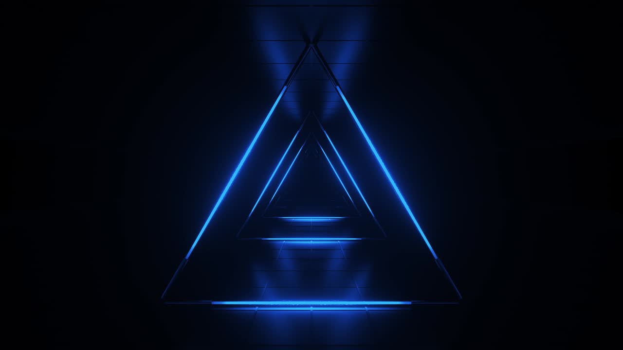 fondo futurista azul abstracto. espacio de tubos de luz de neón brillantes de astera en fondo negro. tecnología, concepto vj. vista interior del túnel desde un triángulo. lámpara led. animación de bucle 3d de 4k