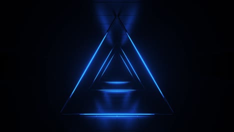 fondo futurista azul abstracto. espacio de tubos de luz de neón brillantes de astera en fondo negro. tecnología, concepto vj. vista interior del túnel desde un triángulo. lámpara led. animación de bucle 3d de 4k