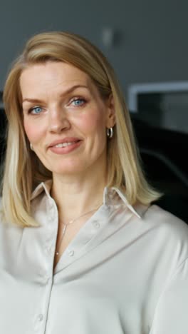 portrait of a smiling woman in a light beige shirt