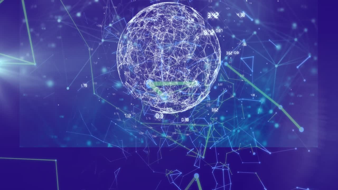 Animation of network of connections and data processing over blue background