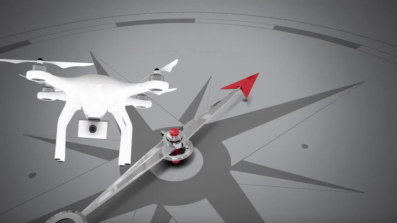 회색 배경에 나침반과 드론의 애니메이션