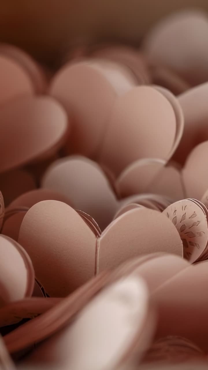 Vertical video: Shifting beige-pink paper hearts coming into focus on tabletop, fingertip nudging