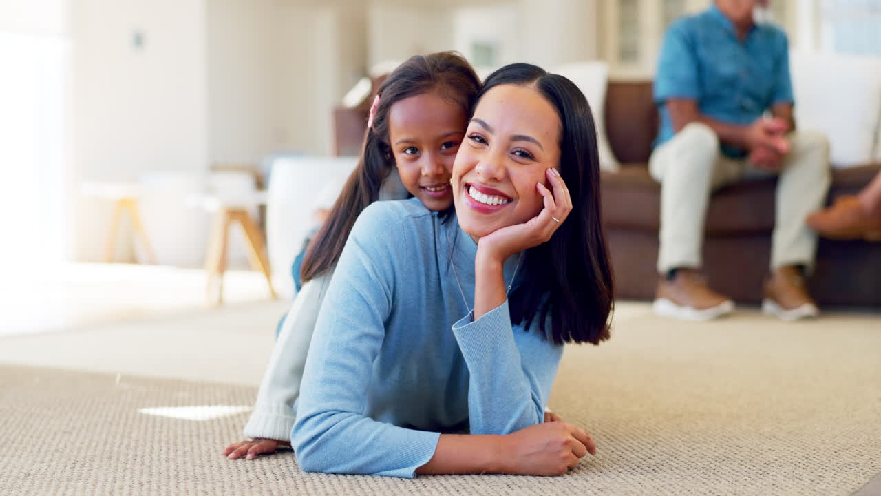 Hug, face and mother and child on the floor