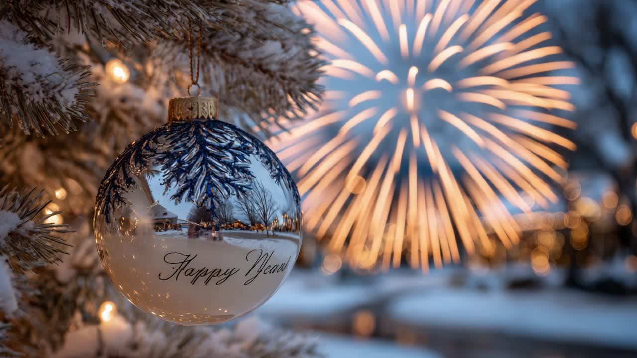 A Beautiful New Year Celebration: A Festive Ornament Reflects Winter Magic and Vibrant Fireworks Amidst a Snowy Landscape and Twinkling Lights