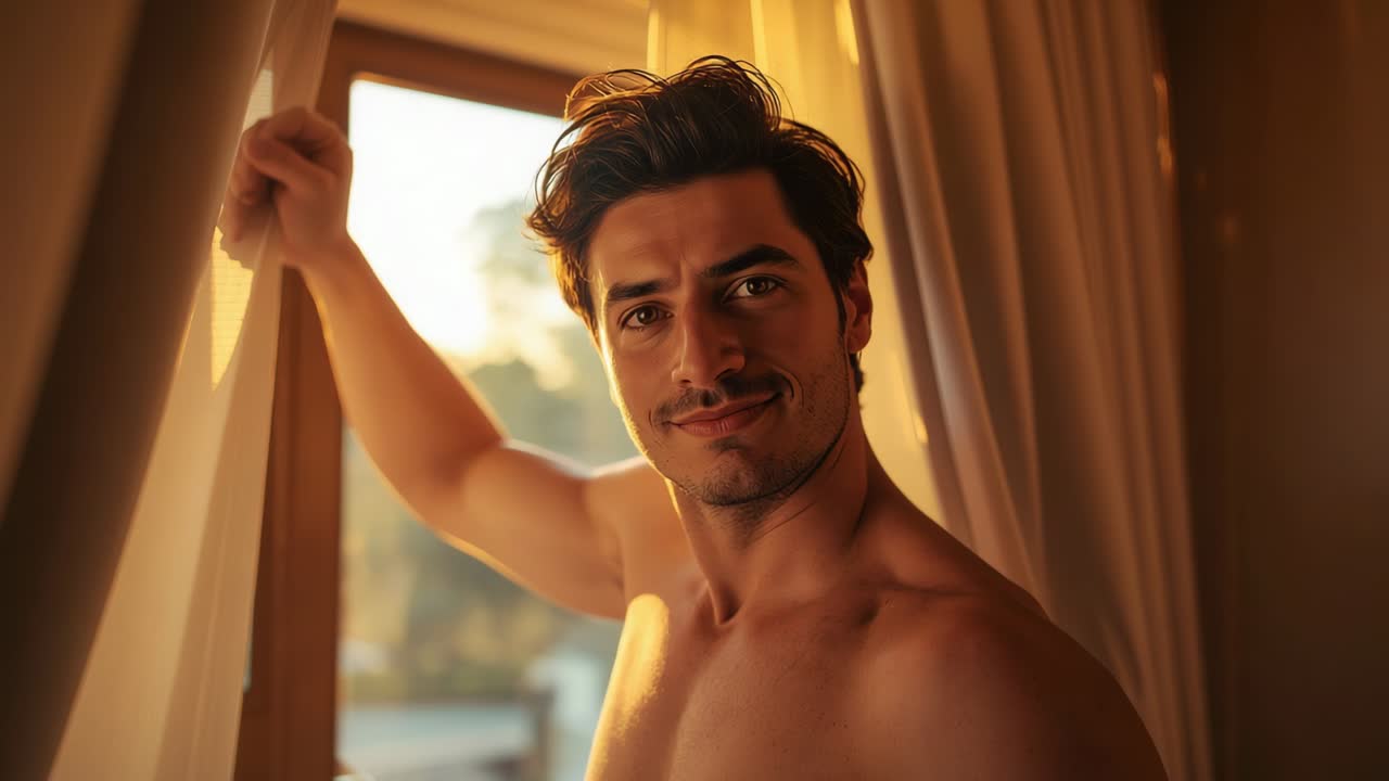 Uomo a torso nudo in piedi che tiene una tenda davanti a una grande finestra, reagendo alla luce dell'ora d'oro e in posa