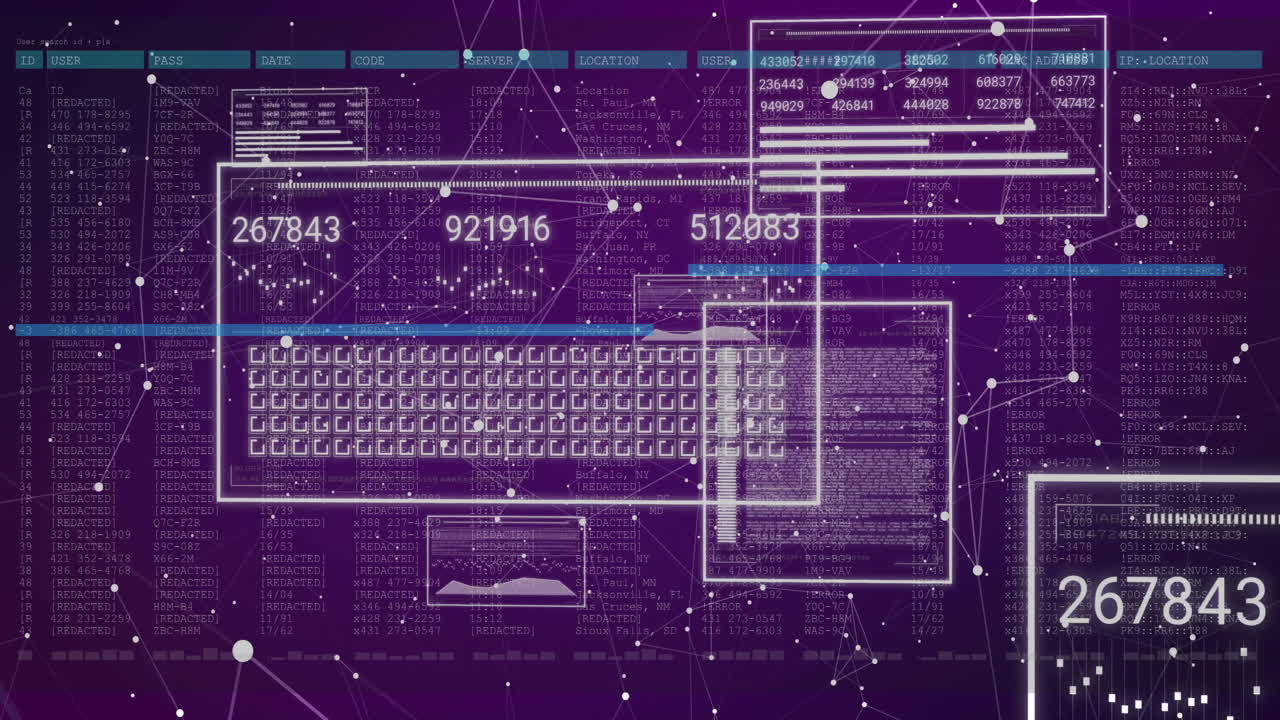 Digital data processing animation on keyboard with numerical codes on purple background