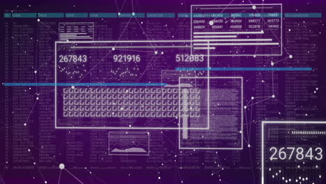 digital data processing animation on keyboard with numerical codes on purple background