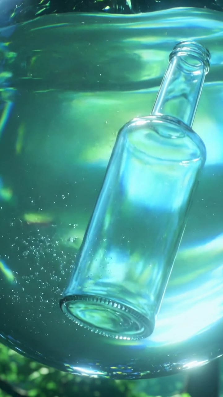 Vertical video: Rising bubbles causing empty bottle tilting inside sphere, casting rainbow bands