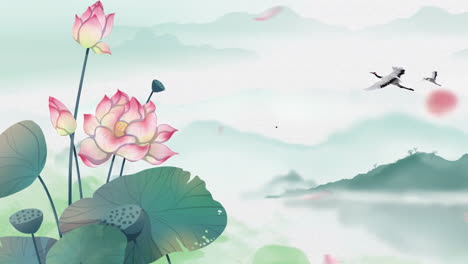 Mysterious-landscape-China's-traditional-Oriental-Digital-Art-animation,-Chinese-retro-painting-ink-misty-mountain-with-flowers,-tree,-birds,-river-in-fog-background