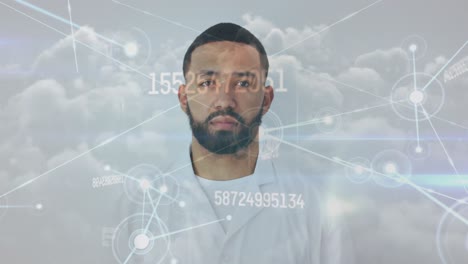 Animation-of-network-of-connections-and-data-processing-over-african-american-male-doctor