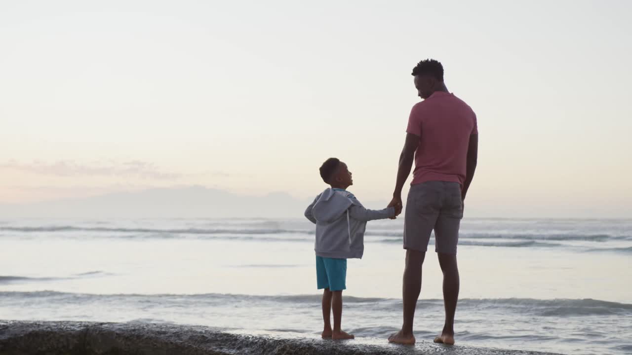 African american father holding hands with son on sunny beach
