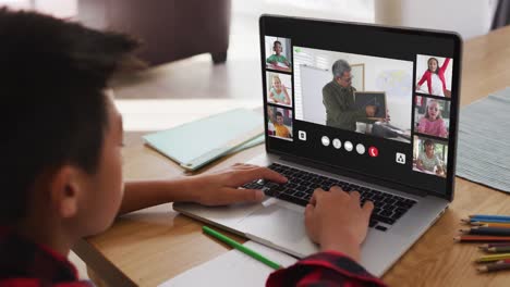 escolar que usa una computadora portátil para una lección en línea en casa, con un maestro y una clase diversos en la pantalla