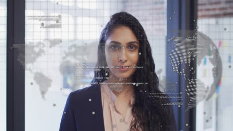 animation of financial data processing over biracial businesswoman in office