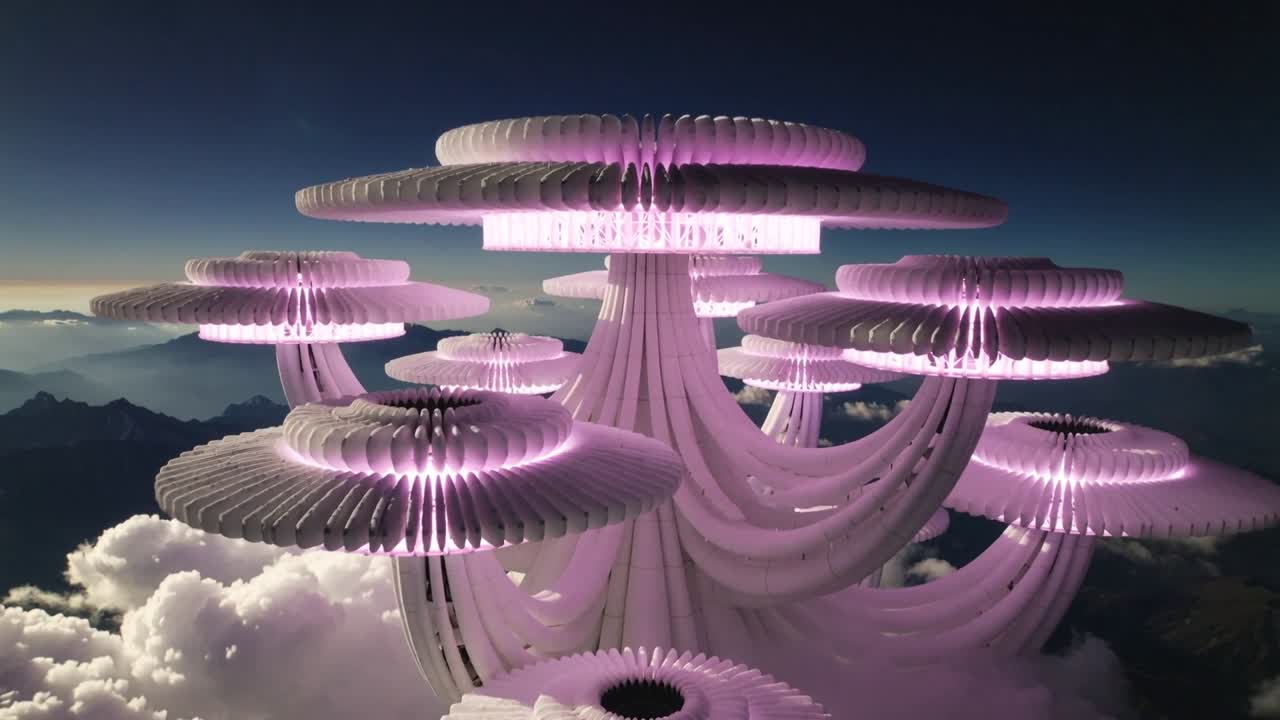 Flying drone approaching tiered discs above clouds revealing radial fins and pulsing pink rings