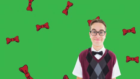 Animation-of-happy-caucasian-man-over-green-background-with-falling-bow-ties