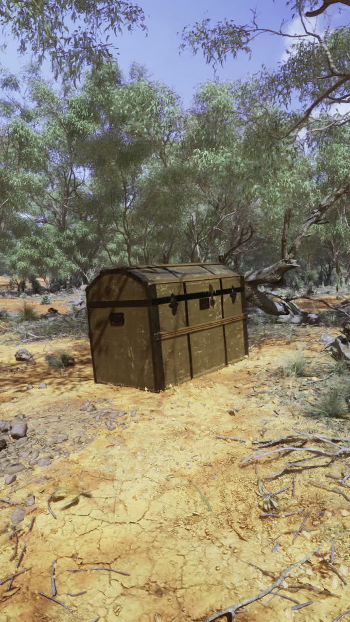 Old treasure chest in a dry sparse landscape under clear blue sky