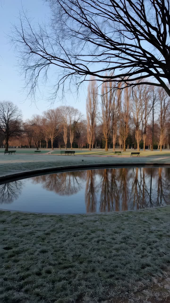 Frozen park pond at dawn