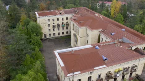 drone shot of metallurgist sanatorium in tskaltubo georgia left from soviet era