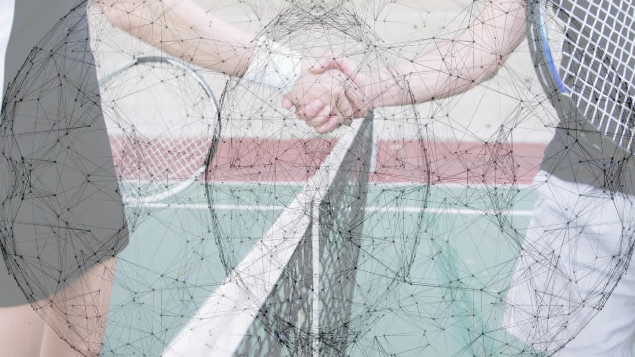 Male and female tennis players shaking hands at net, holding rackets, with animated sports chart