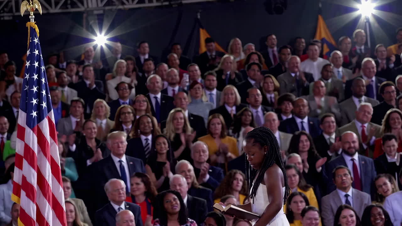 Political Gathering with American Flag and Audience