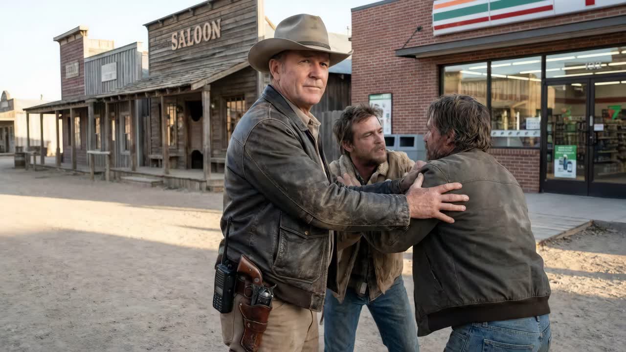 Tres hombres en un entorno del Oeste