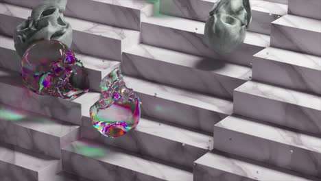 abstract marble stairs with skulls and iridescent objects