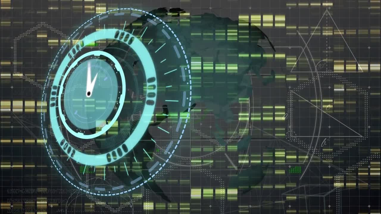 animación de cuadrados de mosaico sobre un reloj de neón y un globo giratorio contra un fondo gris