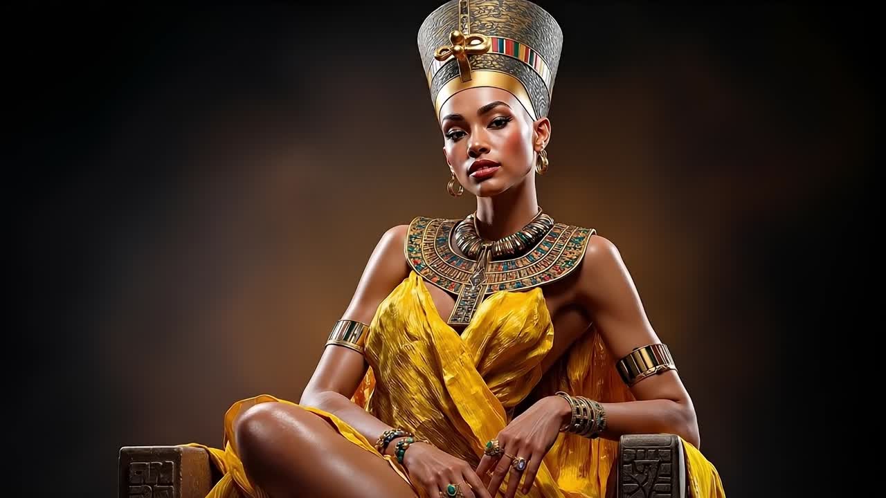 A woman in a yellow dress sitting on a throne