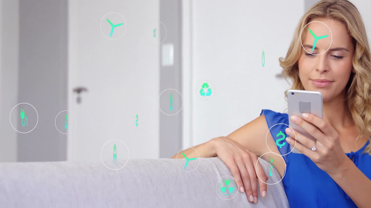 스마트폰을 사용하는 백인 여성에 대한 생태학 아이콘의 애니메이션
