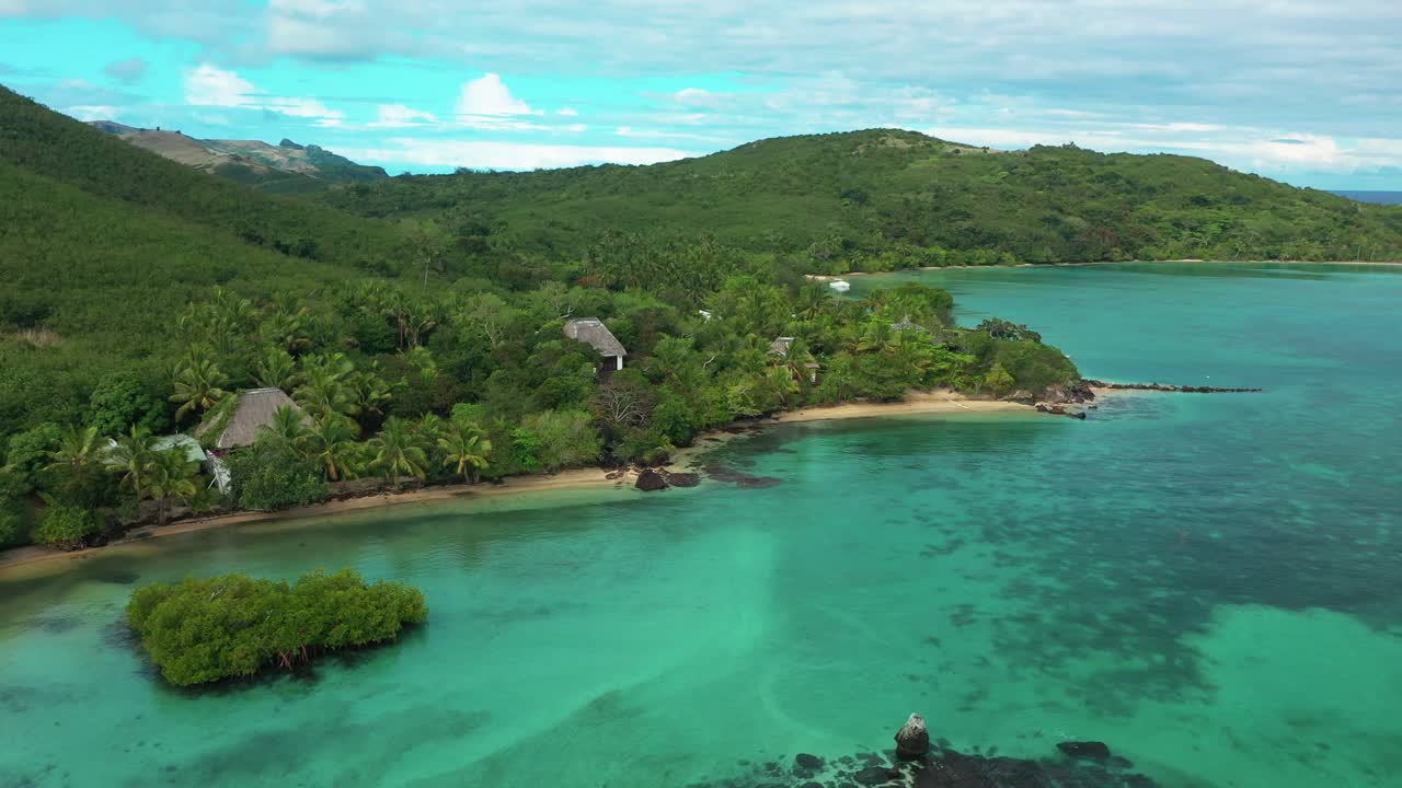 The Wonderful Scenery In Fiji Island Composed Of Green Lush Mountain and Calm Sea - Beautiful Tourist Attraction - Aerial Shot