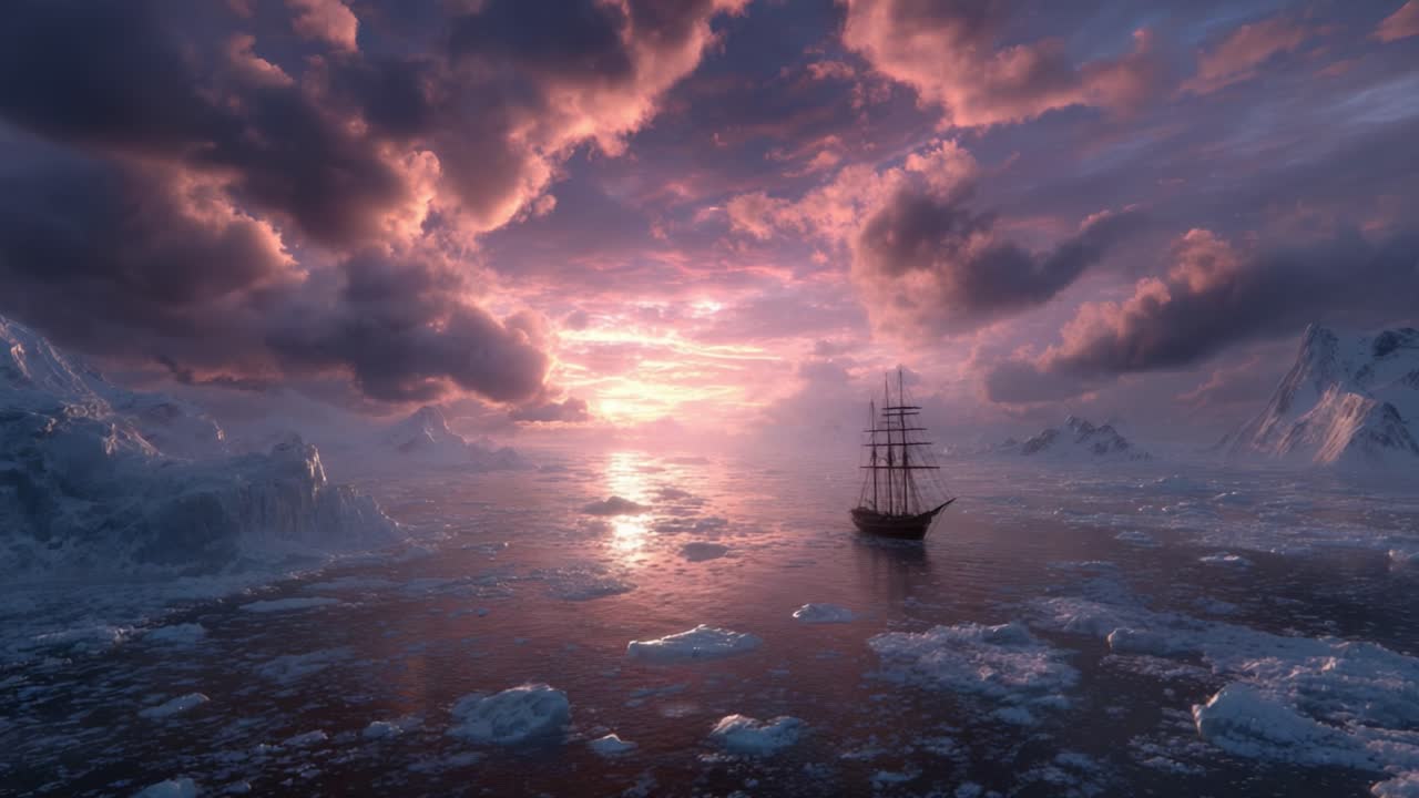 A majestic seascape at dusk depicts a solitary ship navigating through icy waters, illuminated by a breathtaking sky filled with vibrant colors and dramatic clouds