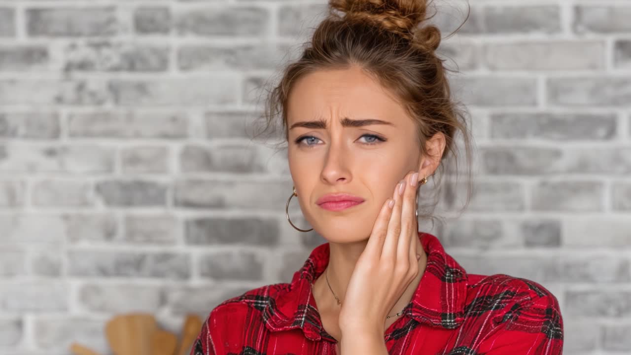 Una giovane donna prova un dolore acuto alla mascella mentre si tiene il viso, mostrando angoscia e disagio in un ambiente domestico su uno sfondo neutro.