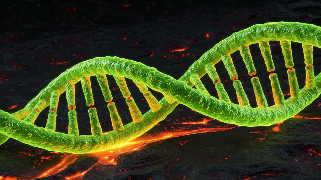 A stunning visualization of a DNA double helix structure glowing in vibrant green, set against a backdrop of molten lava, symbolizing life and evolution in extreme conditions