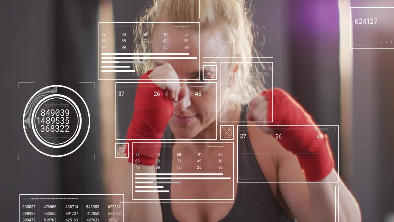 Athlete tightening guard and throwing jabs as camera moving in and HUD guiding boxing red wraps