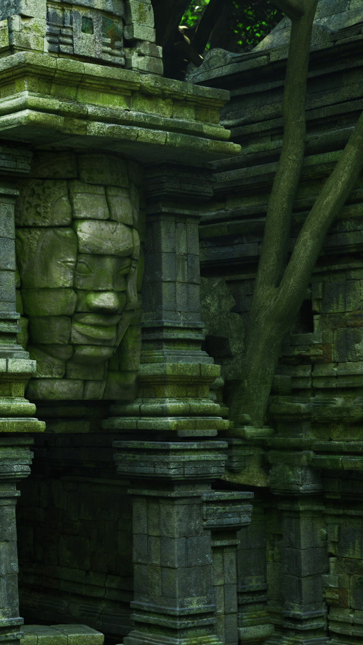 Mystical stone face hidden among ancient ruins in a lush jungle setting
