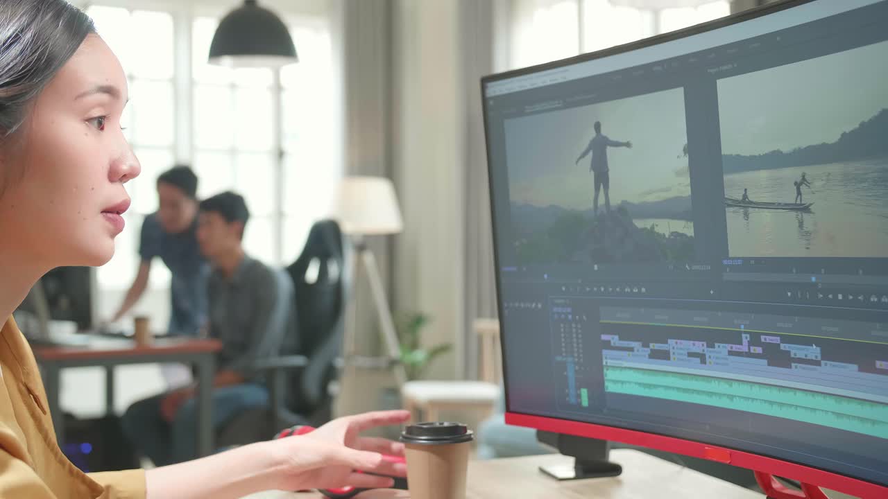 Asian Female Video Editor Works And Drinking Coffee With Her Personal Computer In Office