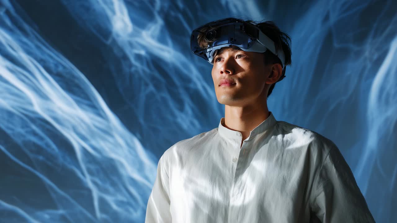 A focused individual wearing a futuristic headset stands against a mesmerizing background filled with swirling blue and white patterns, evoking themes of technology, innovation, and human potential in modern environments