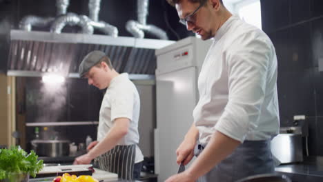 chef cutting tomato and talking to colleague in kitchen