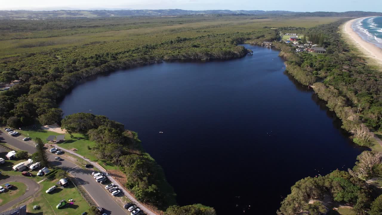 Lake Ainsworth At CYC Adventures - Lennox Head (Camp Drewe) In Children's Camp in Lennox Head, Australia. Aerial Drone Shot