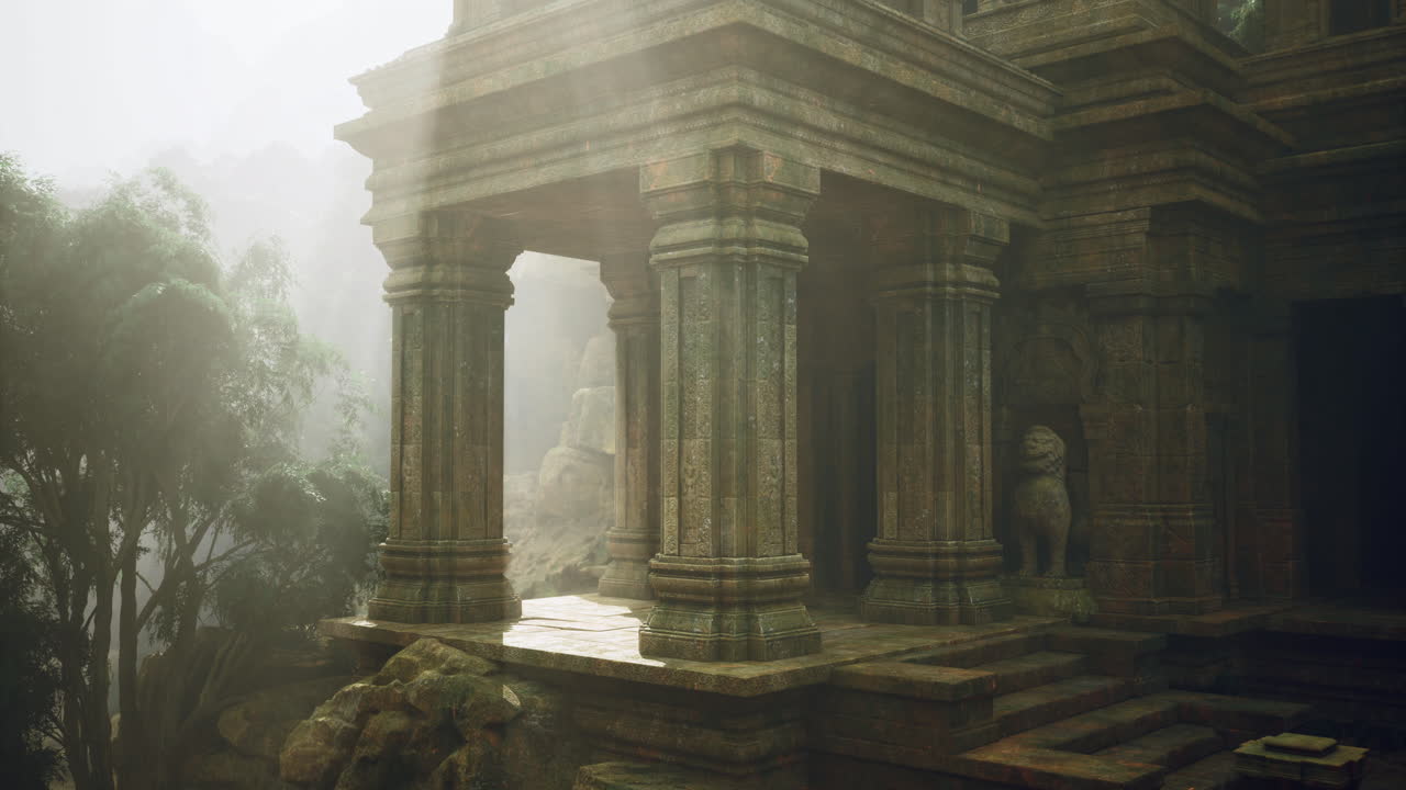 Ruinas antiguas rodeadas de niebla en un bosque frondoso durante la hora dorada.