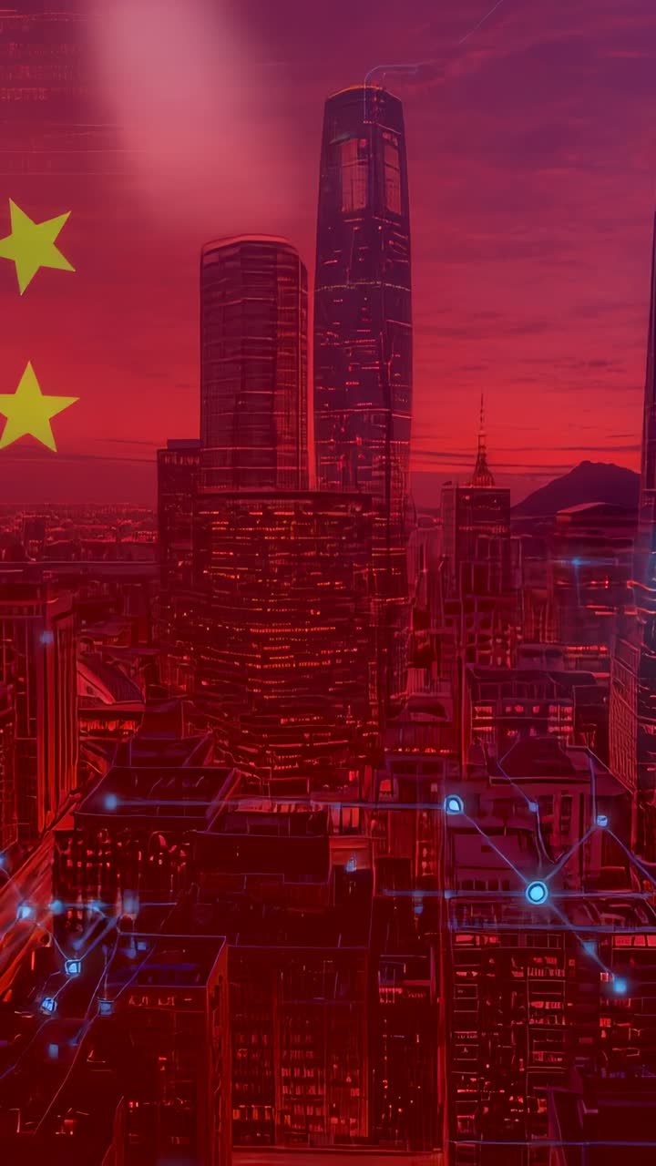 Vertical video: Opening city skyline at dusk, mapping pulsing network nodes and fading flag stars